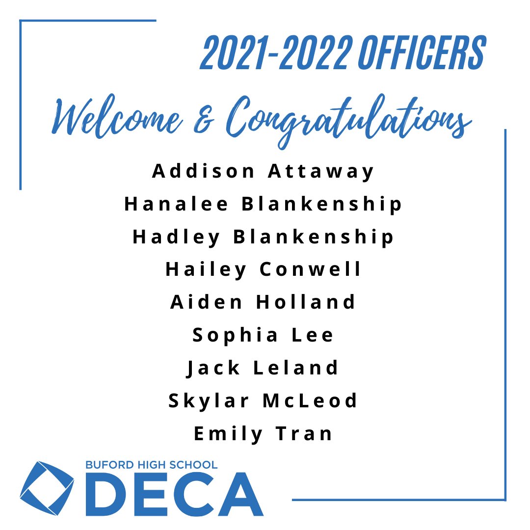 CONGRATULATIONS to our brand new 2021-2022 Buford Deca officer team! We are so excited to have you and can’t wait to see what we accomplish next year 💚