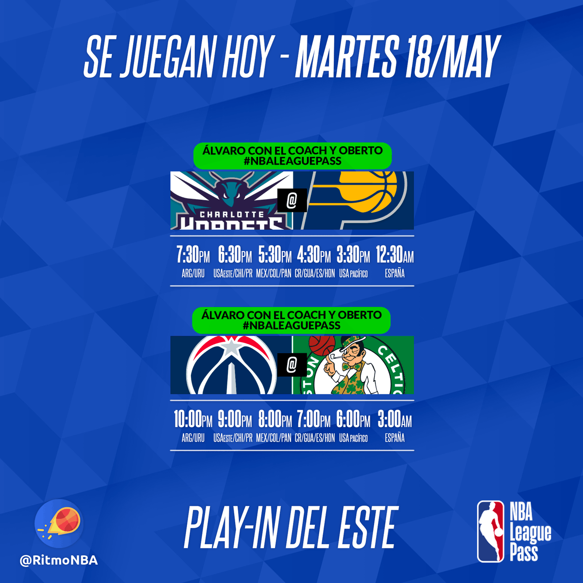 RitmoNba's tweet photo. 🏀 Primera jornada del Play-In 🏀
Hoy @AlvaroNBAMartin estará con el @CoachCMorales y @Obricio7 narrando y analizando ambos partidos por #NBALeaguePass.
📝Suscríbete: https://t.co/64ukAiNAoc
📲Descarga la app: https://t.co/TQjvJTMnvP
#nbaespanol #soloennba #partidosnba https://t.co/IICsiPAhLp