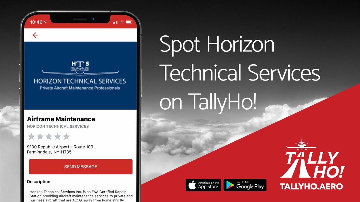tallyho_apps's tweet photo. Spot Horizon Technical Services today on TallyHo! Get the app now at https://t.co/qb9emVZIP3. #horizontechnicalservices #tallyho #spotyourservice #aircraftservice #pilot #pilots #mro #fbo #bizav #businessaviation https://t.co/X0O3noVjQM