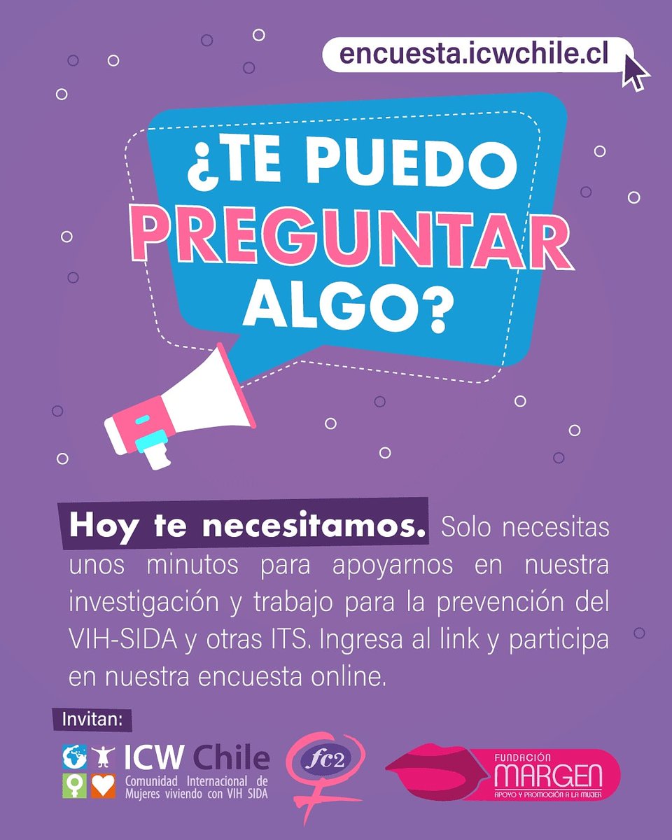 Fundación Margen de Apoyo y Promoción de la Mujer invita a participar de una importante encuesta sobre salud sexual, prevencion de VIH y condón vaginal. Ya puedes contestar, link: encuesta.icwchile.cl Una iniciativa de <a href="/icwchile/">icwlatina</a> <a href="/MargenSomos/">Fundación Margen</a> <a href="/fc2condon/">FC2condon</a> <a href="/siemprevivavivo/">SiempreVivaenVivo</a> 📻