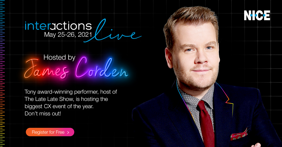 NICELtd's tweet photo. We’re thrilled to share that James Corden, acclaimed host of The Late Late Show, will host our 2-day event – register now and get ready for some fun and entertainment at Interactions Live 2021, May 25-26 >>
https://t.co/h4wOZ8U67H

#NICEiLive21 https://t.co/TMnQFPRlzo