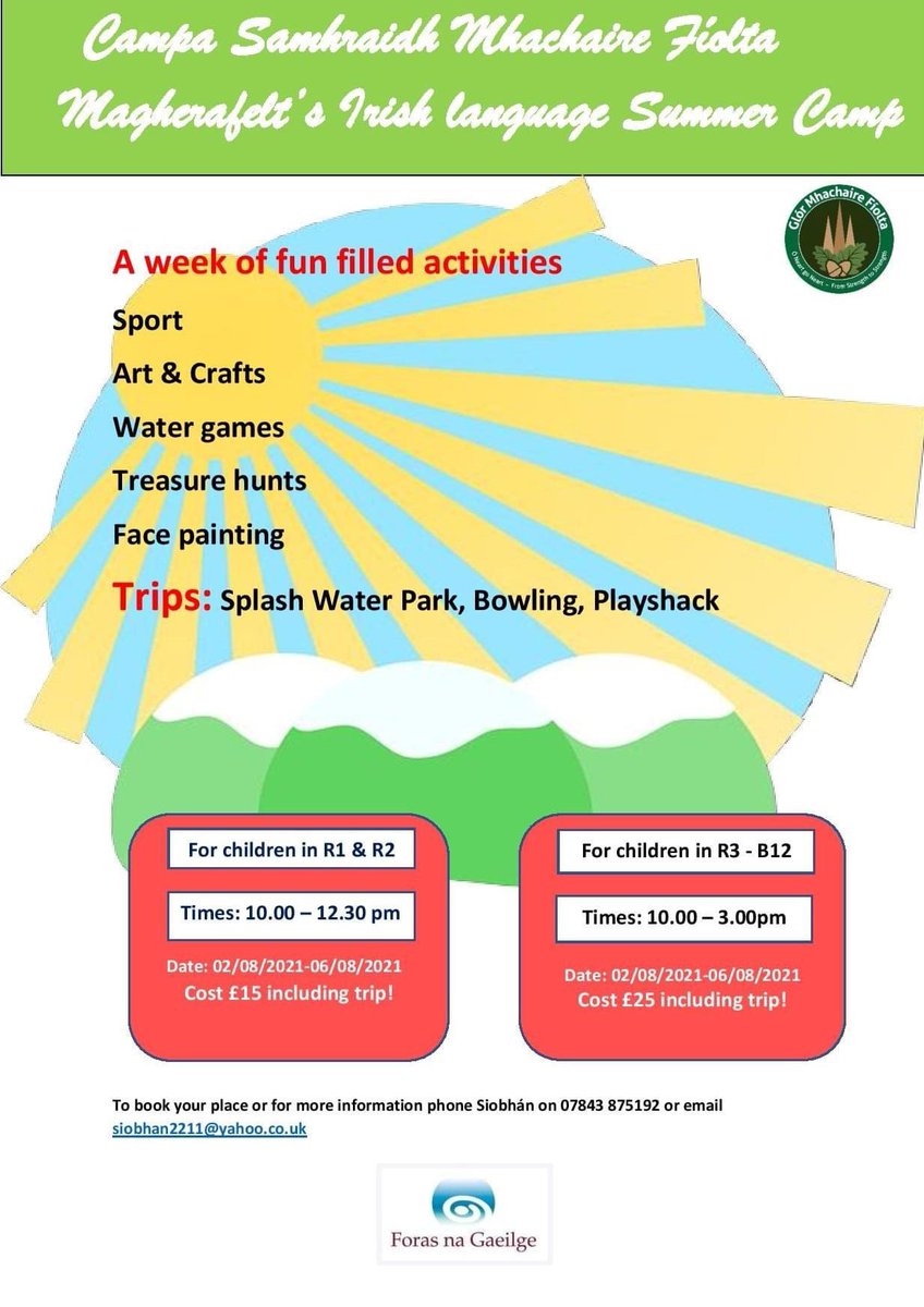 glormfiolta's tweet photo. Tá an-lúcháir orainn le fógairt go bhfuil ár gcampa samhraidh againn i mí Lúnasa.
We are delighted to announce that we have our Irish language summer camp this August.  Please note that numbers are restricted and booking is essential! All info on poster below. https://t.co/cMxTPdcLi7