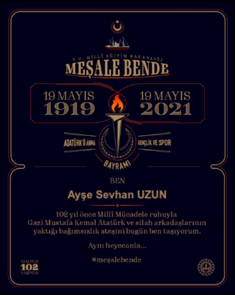 AyseSevhan's tweet photo. 19 Mayıs Atatürk’ü Anma Gençlik ve Spor Bayramı kutlu olsun!! #meşalebende  #102.yıl https://t.co/hjSirs9IGV