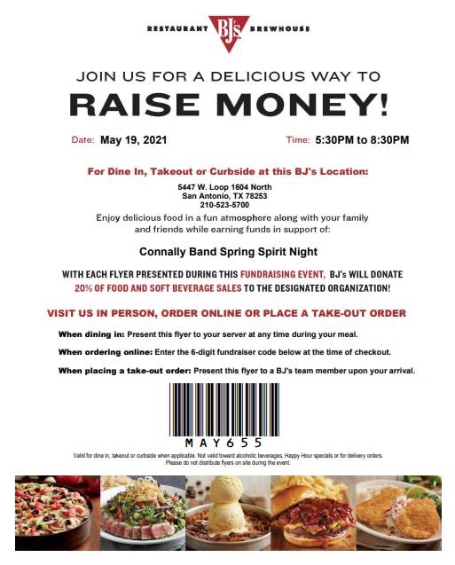 NISDConnally's tweet photo. Band is holding a fundraiser at BJ's Brewhouse at Alamo Ranch 5/19/21 Connally Band will receive 20% of the bill if you show them the flyer.  You can also order on-line just use the code "MAY655" for the order to count for the fundraiser. https://t.co/rVSgr8yB8V