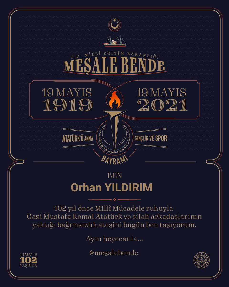 19 Mayıs 1919’da Gazi Mustafa Kemal Atatürk ve silah arkadaşlarının, bir büyük şahlanış için yaktığı #meşalebende 
Aynı ruh ve heyecanla... 
#19MayısGenclikveSporBayramı 
#19Mayıskutluolsun 
#19MAYIS