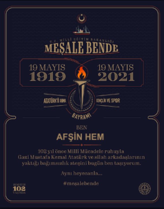 19 Mayıs Atatürk'ü Anma, Gençlik ve Spor Bayramımız Kutlu Olsun. 
🇹🇷🇹🇷🇹🇷
#meşalebende