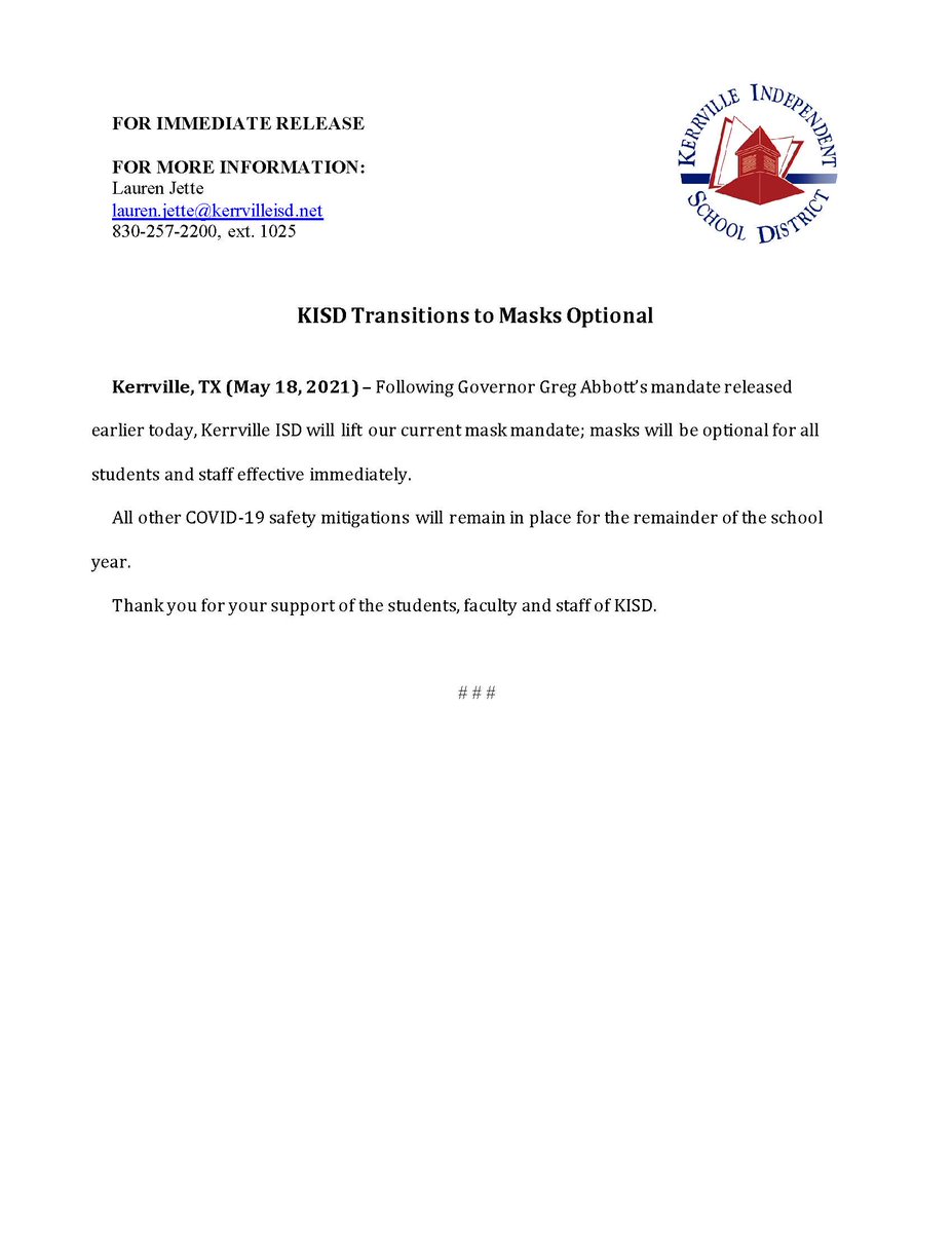 kerrvilleisd's tweet photo. KISD Transitions to Masks Optional 
Please see the press release for more details. 
Thank you for your support of the students, faculty and staff of KISD. https://t.co/GK0BvJ1TQP