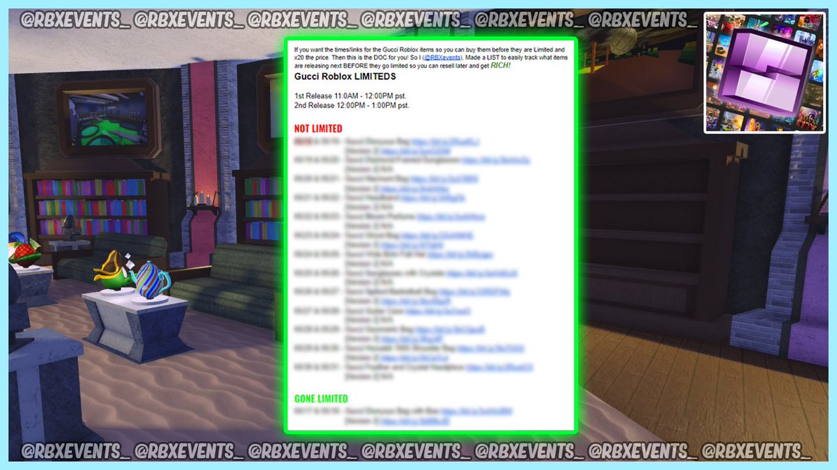 Rbxevents On Twitter This Is A Complete Schedule For The Gucci Roblox Limited S Release Times Google Doc Https T Co Kulv4bn7ri Https T Co Mqe3sxuhhb Https T Co Ruiwzj3lem - roblox limited items list and prices