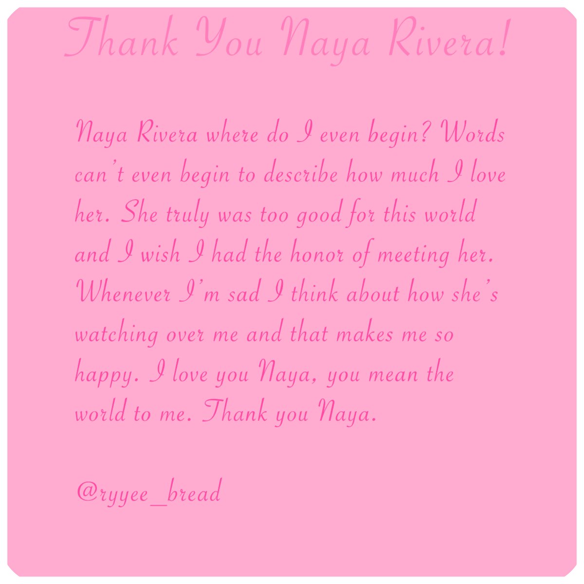This is beautiful. Thank you for sharing. Naya loves you❤️

#nayarivera #ThankYouNayaRivera

🙏🏻-@ryyyee_bread