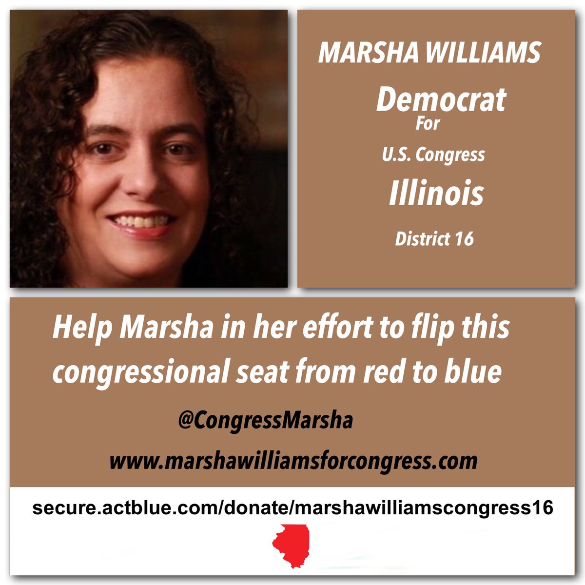 Help Marsha Williams in her quest to be a worker for the people as U S Congresswoman, Illinois District 16 @CongressMarsha secure.actblue.com/donate/marshaw… #DemVoice1 #FreshVoicesRise #ONEV1 #BLUEDOT