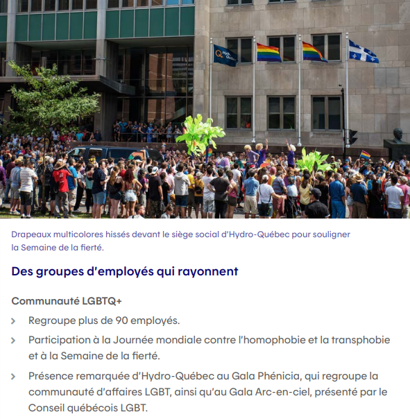 hydroquebec's tweet photo. @morininfo Il n'y a rien de soudain. Ça fait plusieurs années que nous prenons position résolument en faveur de la diversité. Ce n'est pas que de beaux discours. Ça fait partie de nos valeurs et nous sommes actifs. Petit passage de notre rapport sur le développement durable 2019. 👇 https://t.co/BkZPFKqfvd