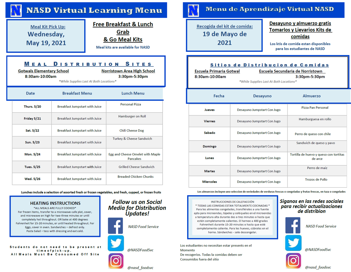 NASDFoodSvc's tweet photo. See you tomorrow at 8:30-10:30am at Gotwals or 3:30-5:30pm at NAHS for 7 days worth of free meals for any child 18yo or younger #freeschoolmeals #schoollunch #lunchkit https://t.co/5Locv34pwS