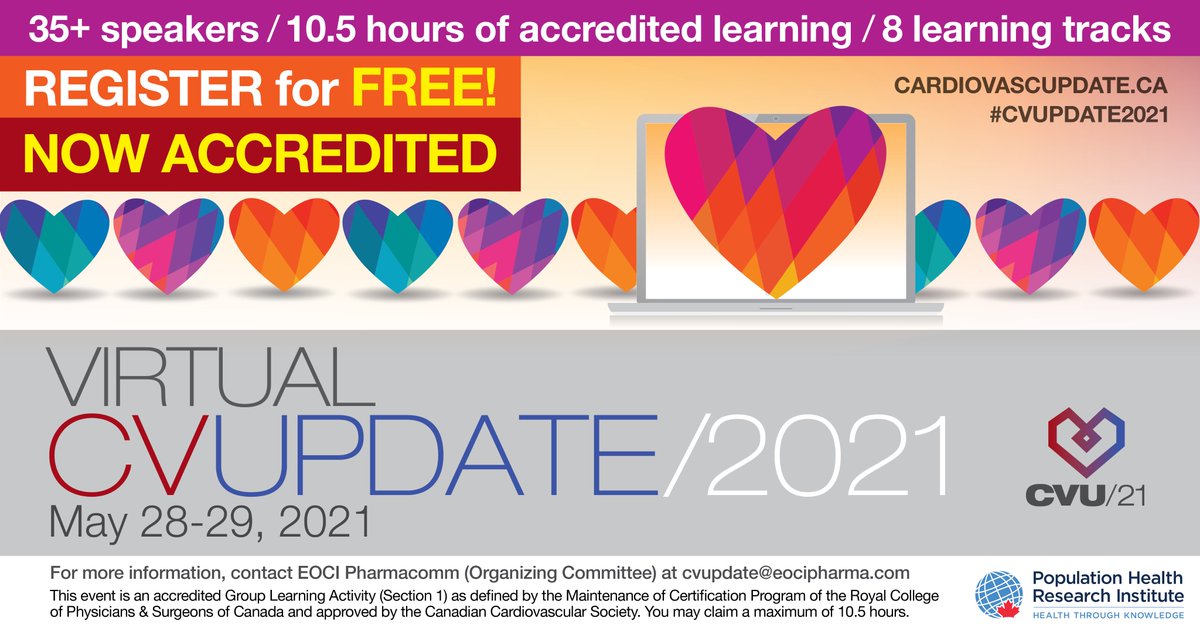 Now accredited! Join co-chairs Jeff Healey and @ShelleyZieroth and 37 speakers next week for #CVU2021 virtual conference. #womenandcvd #acclatebreakers #hf #secondaryprevention #physicianburnout 
@JillianHortonMD @DrToniyaSingh joined our faculty! Register cardiovascupdate.ca