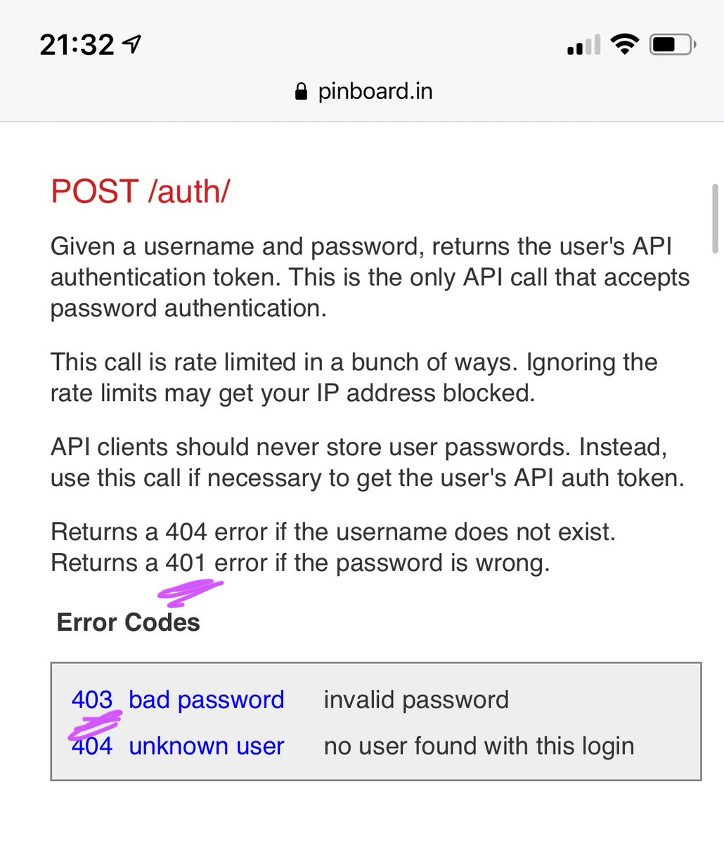 API documentation stating both a 401 and a 403 error for wrong password.