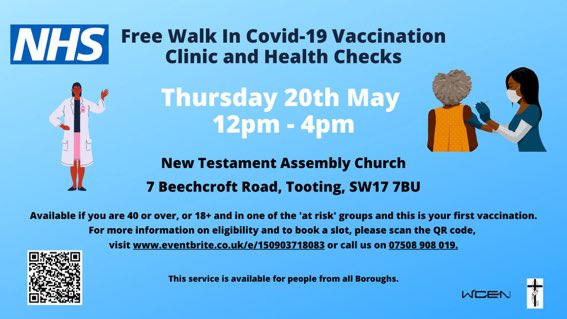 MalikGul's tweet photo. In #Tooting THIS Thurs 20 May 12.00 -4.00 Walk-In Vaccine Clinic @NTAtooting 38 years old &amp; over. Please help share  @tootingnewsie @ThisisRiverside @tttooting @HealthyTooting @TootingTown @Trafalgar_Arms @heartstreatham @balhamnewsie @wandsworthnews  @localguardian More Info 👇🏽 https://t.co/9rEqgJqK35