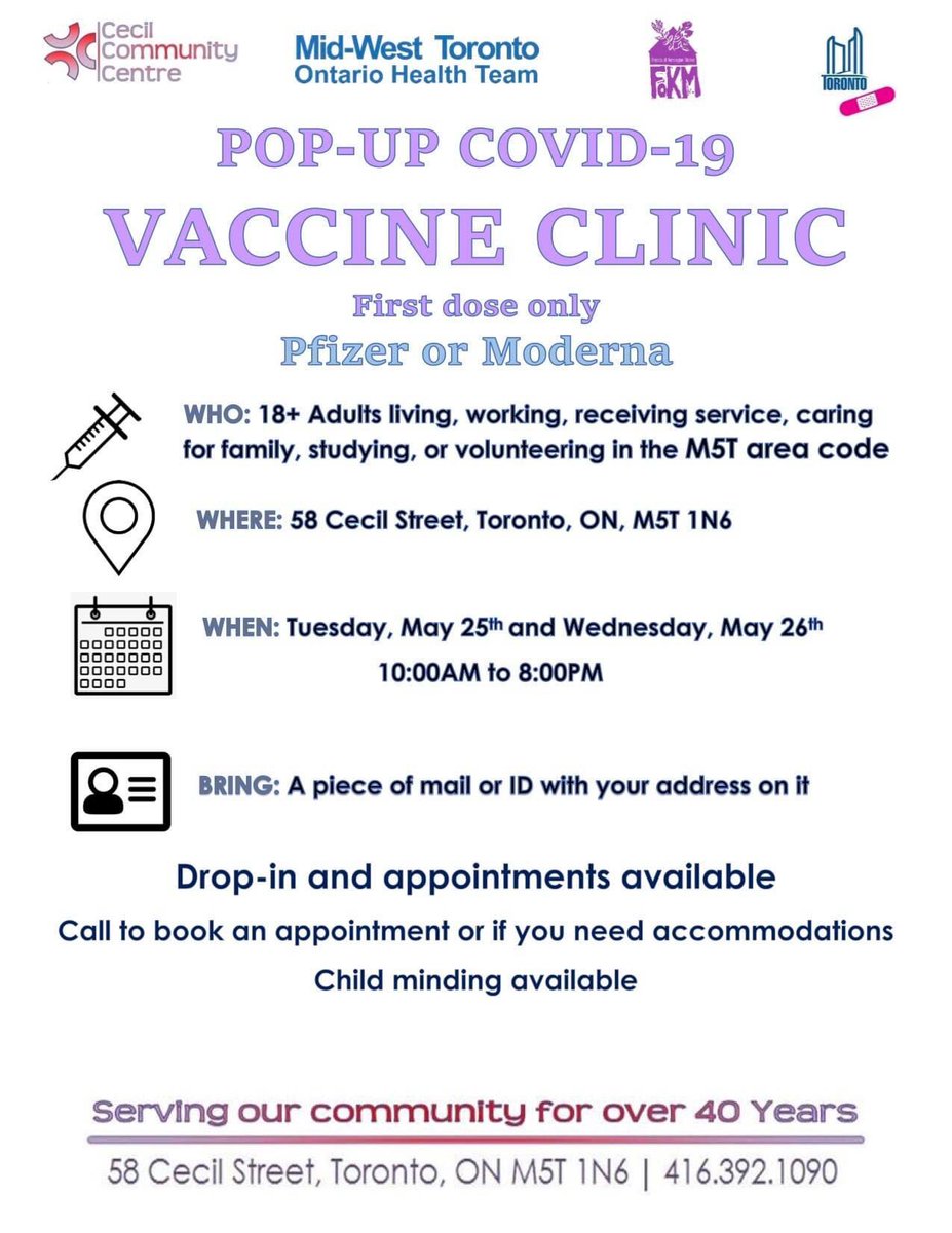 Kensington Market BIA (@kensington_bia) on Twitter photo Do you live or work in #kensingtonmarket? You can now book an appointment at <a href="/CecilCentre/">Cecil Community Centre</a> to get your first vaccine shot next week! Make sure to share and tell your neighbours. Do you live or work in #kensingtonmarket? You can now book an appointment at <a href="/CecilCentre/">Cecil Community Centre</a> to get your first vaccine shot next week! Make sure to share and tell your neighbours.