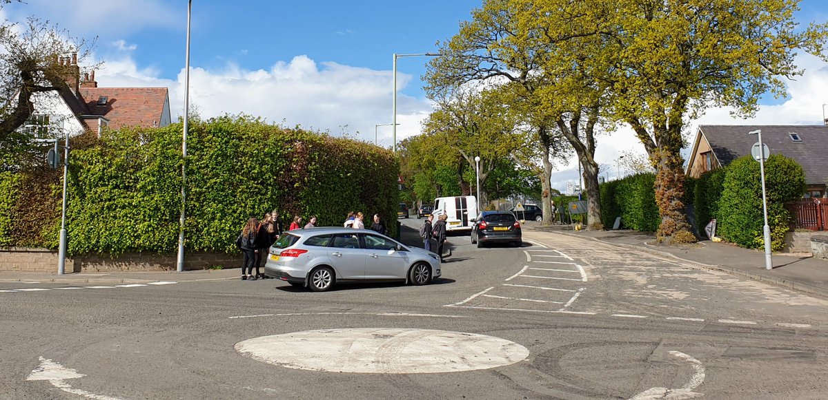 This is the junction of Fairies Rd (ahead) with Oakbank Road, heavily used by pupils walking to Perth High School.  Each driver in these 3 vehicles DROVE AT THE CHILDREN who were already standing on the road with priority when each vehicle turned into Fairies Road.