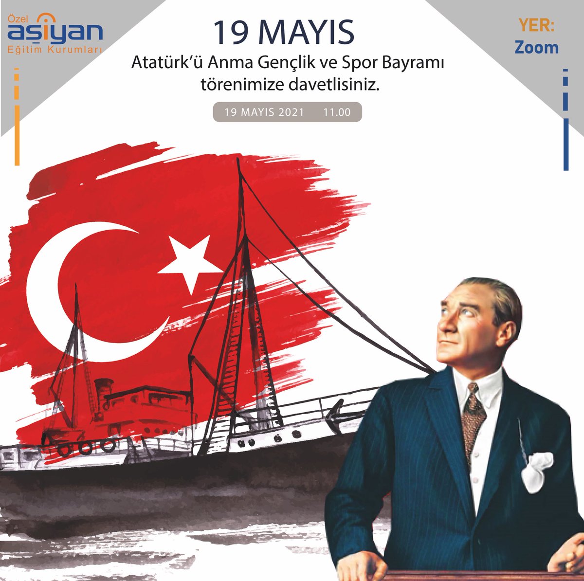 19.05.2021 Çarşamba saat:11.00'de, Aşiyan Anadolu Lisesi öğrenci ve öğretmenlerimizin hazırladığı 19 Mayıs Atatürk'ü Anma Gençlik ve Spor Bayramı törenimizi izlemek üzere tüm Aşiyan ailesini online törenimize davet ediyoruz.