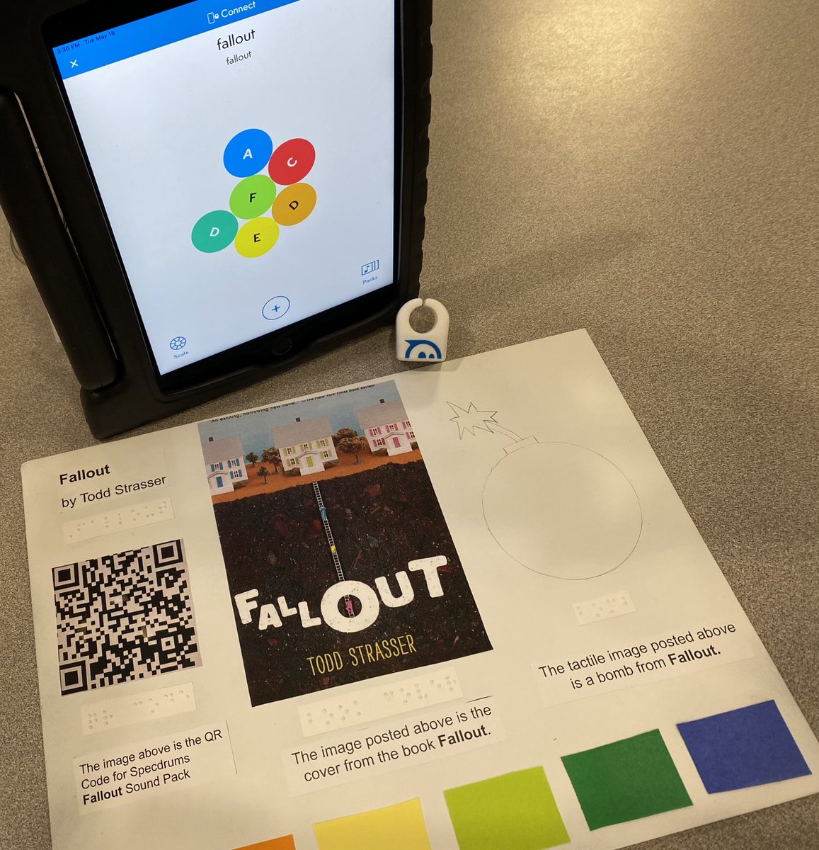 HtmsLibrary's tweet image. My @buildbetterbook Ss are finishing accessible, multi-media, middle grade Book Talks! This project included @SpheroEdu #Specdrums rings (provided through a #BuildABetterBook @NSF grant), #braille, textures, & recorded audio. #htmscares #trussvillelearns