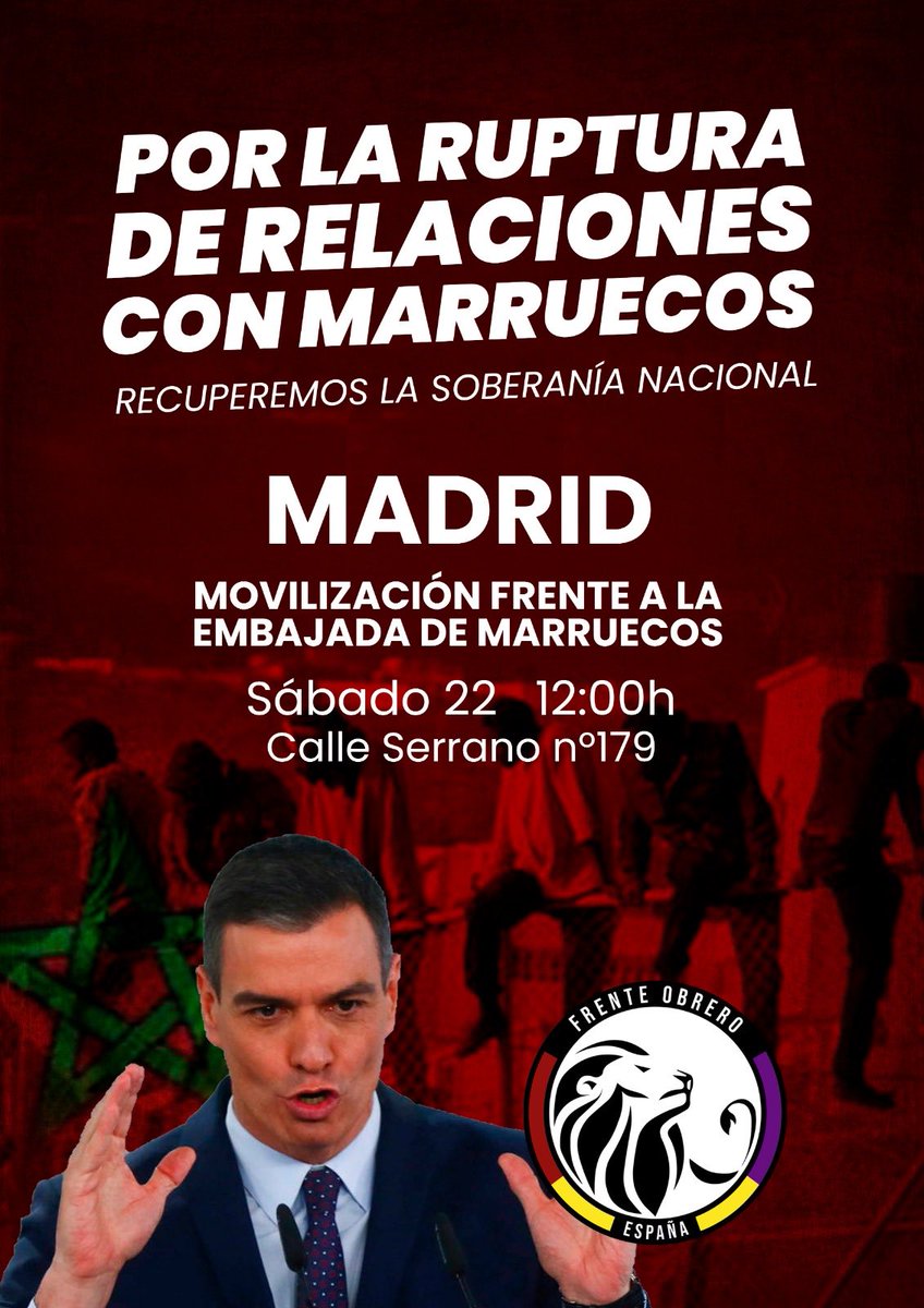 SantiagoLupeBCN's tweet photo. El Frente Obrero @frenteobreroesp y Falange, unidos en defensa de la "Soberanía Nacional" este sábado a la embajada 🇲🇦 @elpce se apunta? Visto su último comunicado debería. Que asco de "izquierda" servil al imperialismo español. Devolución de #CeutayMelilla ya! https://t.co/lARNLcJeS8