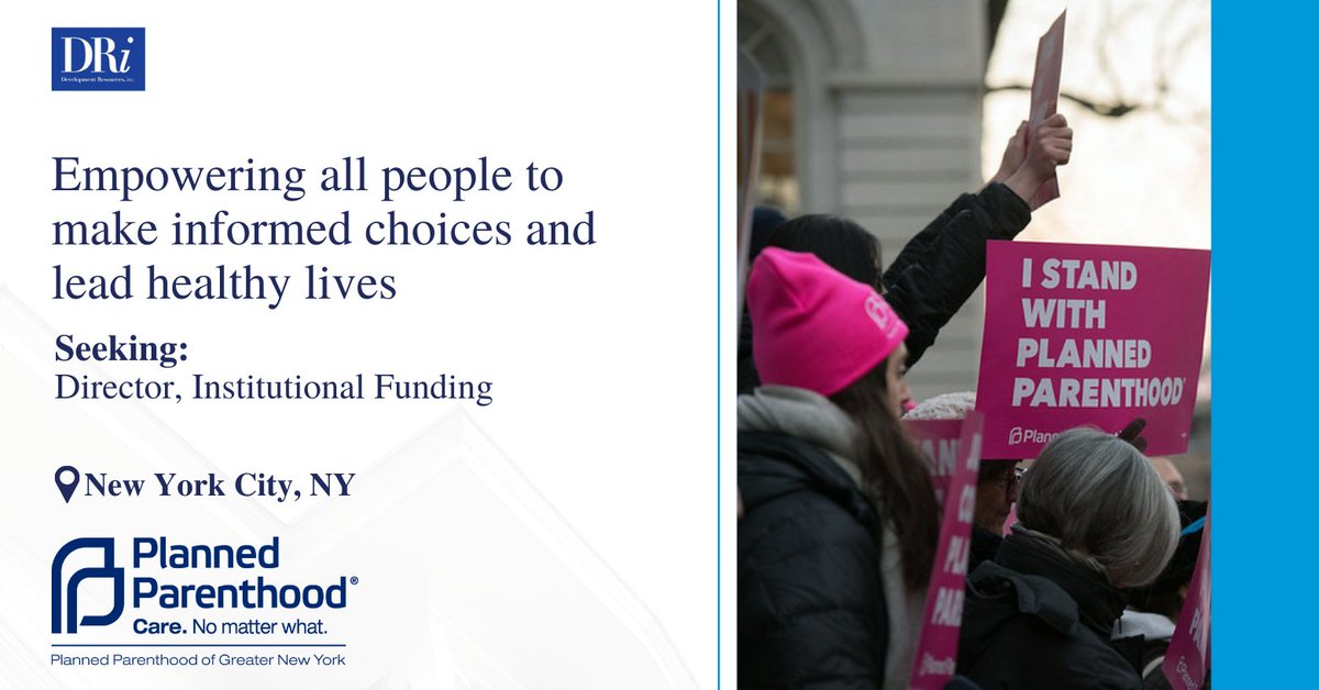 DevResInc's tweet photo. Planned Parenthood of Greater New York seeks a Director, Institutional Funding to provide leadership, direction, and coordination to build upon existing funding from government entities and seek out new funding for priority projects. Apply at https://t.co/UhE7K2bH24 https://t.co/F7qj7xMFY6