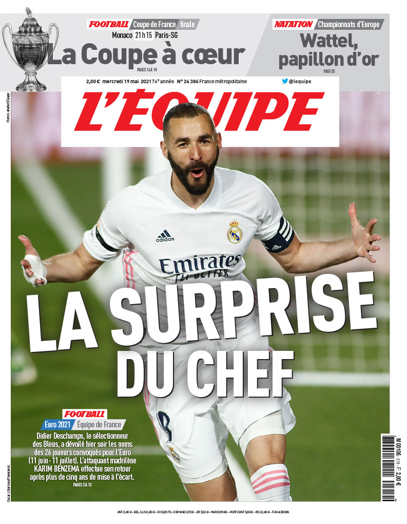 lequipe's tweet image. "La surprise du chef" après le retour de Karim Benzema chez les Bleus.

🗞️ voici la une de L'Équipe du 19 mai