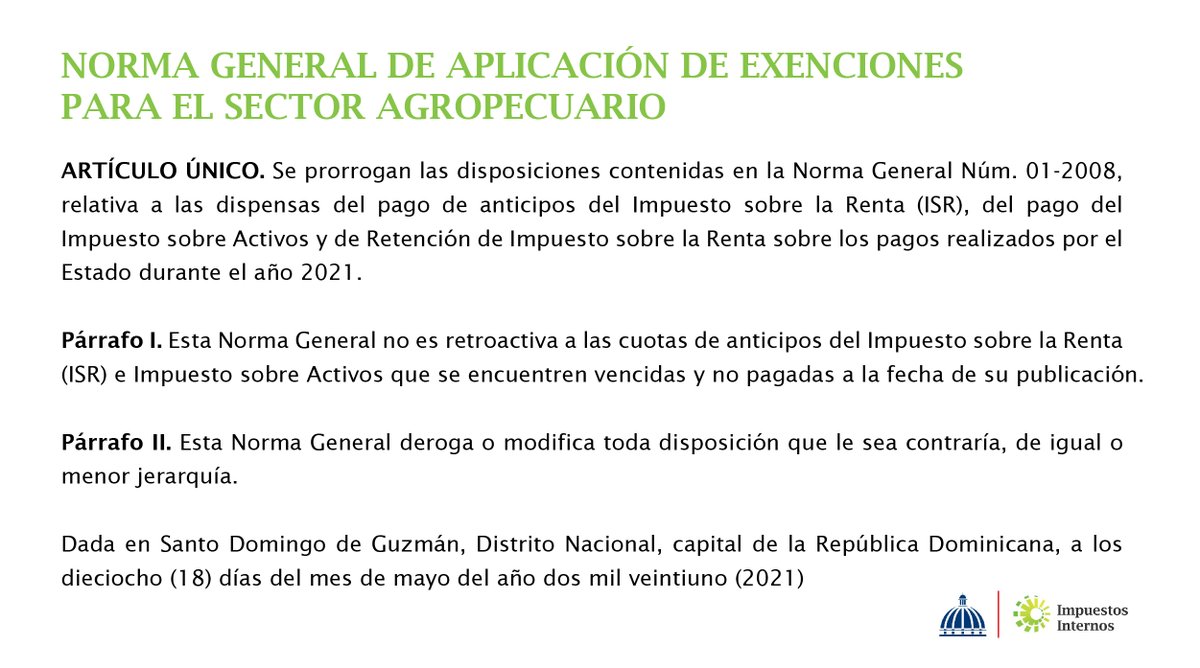 DGii's tweet photo. #DGIIInforma: Se encuentra disponible en nuestra página web https://t.co/9mWOezGk0Q, la Norma General de Aplicación de Exenciones para el Sector Agropecuario.
Para leer el documento integro haz clic en este enlace: 👉 https://t.co/fSQynQsqvS https://t.co/WjkDlejb2F