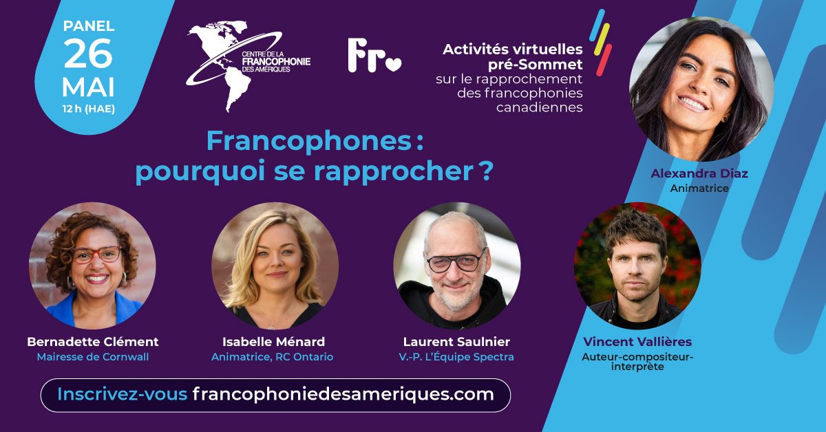 Francophones : pourquoi se rapprocher?
Le 26 mai à 12h (HAE), participez à ce panel animé par <a href="/Diaz_Alex/">Alexandra Diaz</a>, avec <a href="/vvallieres/">Vincent Vallières</a>, @BernadetteClem, <a href="/isabellemenard/">isabellemenard</a> et Laurent Saulnier (<a href="/FrancosMTL/">Francos de Montréal</a>). 
Inscrivez-vous dès maintenant, c'est gratuit: francophoniedesameriques.com/pre-sommet
#Sommetfranco2021