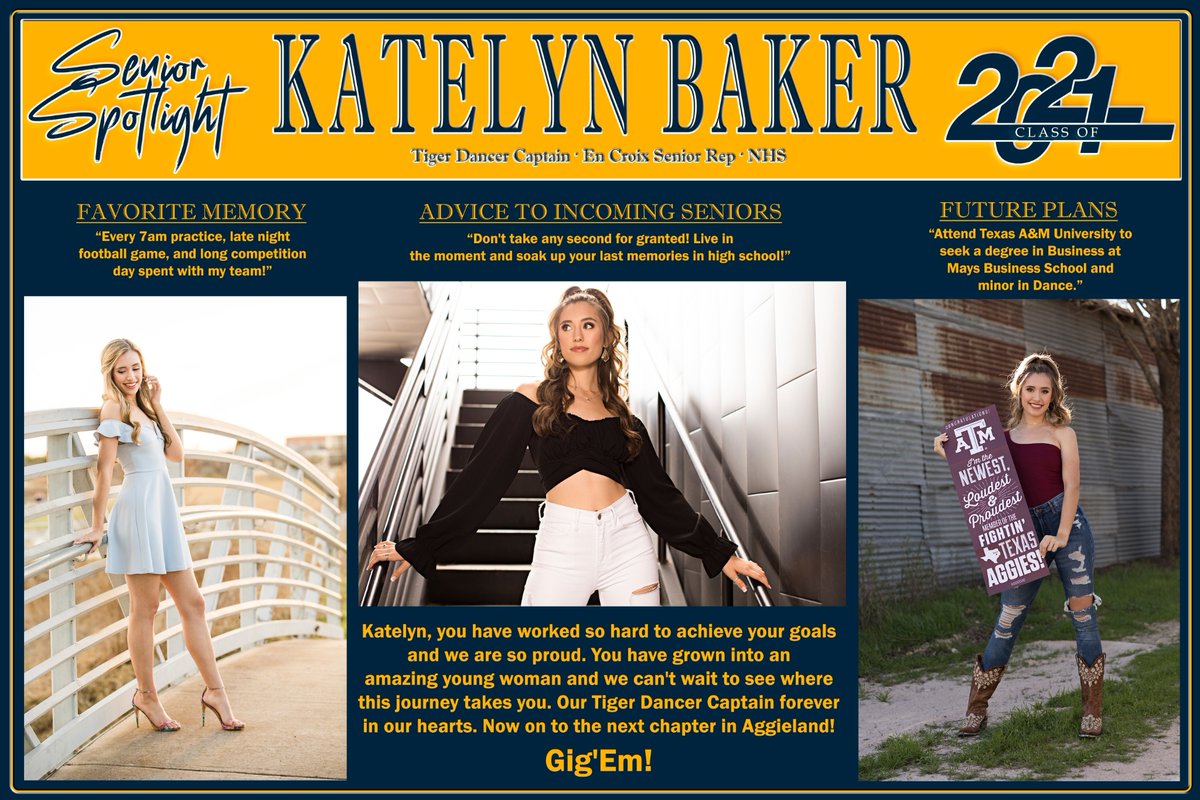 Hey Katelyn!!! Congratulations Tiger Dancer Captain! Best of luck as you head to A&amp;M - You're going to do great things! Gig'em!! 

#STPSeniorsRise
#SeniorSpotlight
#Senior2021
