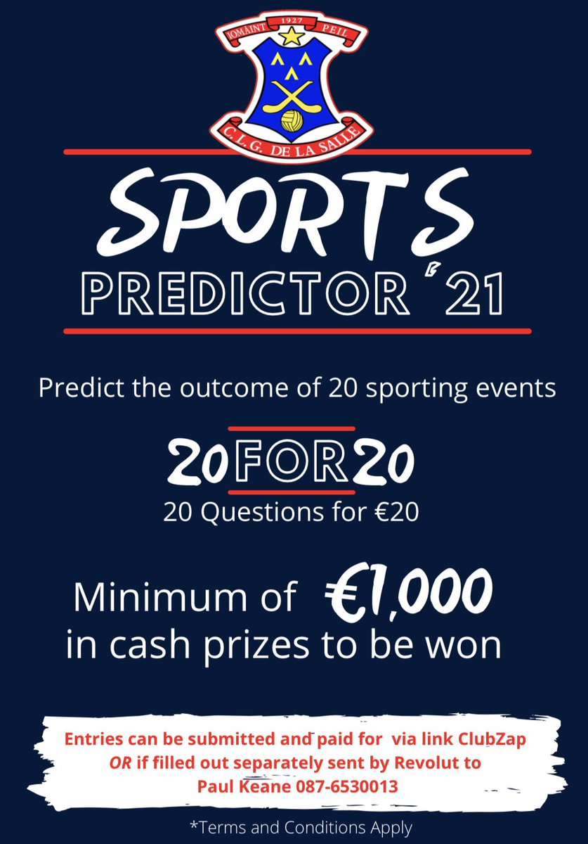 DLSGAA's tweet photo. 🔴⚪️SPORTS PREDICTOR🔴⚪️

📖 Here’s the 20 questions to study!

💶 cash prizes 

❓3 Ways to Enter;
✔️https://t.co/Qr2Bu0pI0d website pay online
✔️shop s’ClubZap pay on line
✔️ https://t.co/TLWEb1smVf
(Revolut Paul Keane 087-6530013)

👨‍👩‍👧‍👦please RT 

📆 Entries Due by 1/6/21 https://t.co/YRneQvZ6mO