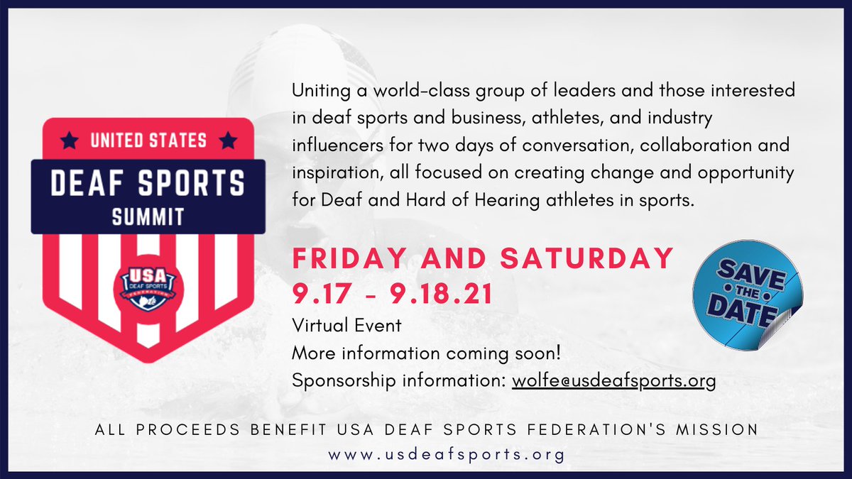 USADSF is pleased to present the first USA Deaf Sports Summit! More information will be forthcoming! #DeafSportsSummit

Thanks to our sponsor:
@sorenson_comm

More sponsorship opportunities available!