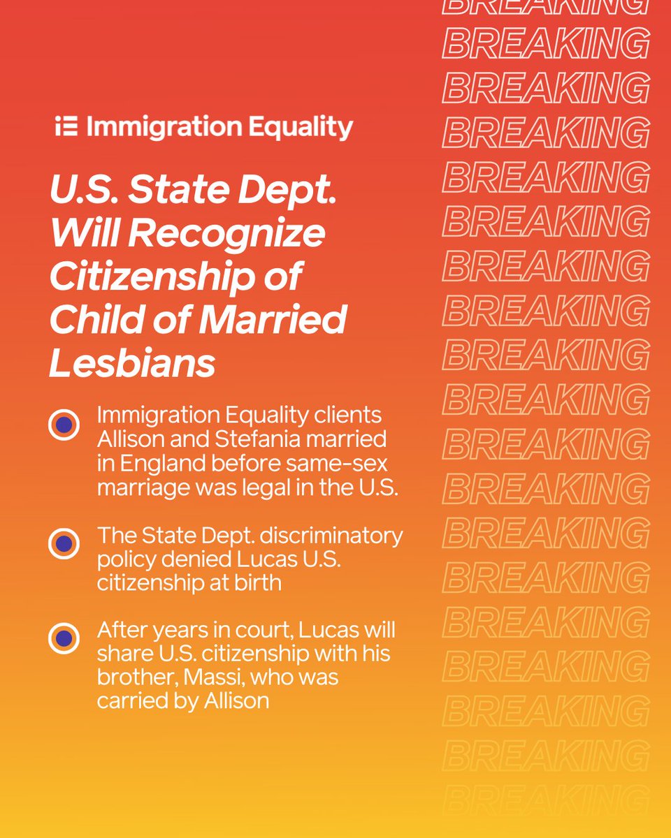 🌈 BREAKING: After decades, the <a href="/StateDept/">Department of State</a> has changed a policy that denied children of same-sex married couples from being recognized as U.S. citizens at birth.

We are proud to have helped bring forth this monumental change on behalf of LGBTQ families.