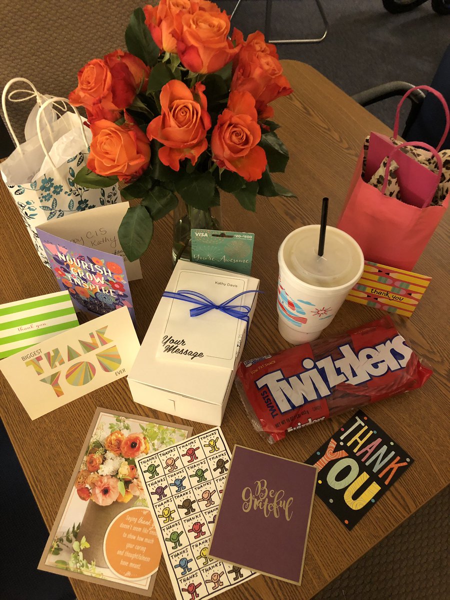 KathyDavisLMSW's tweet photo. Feeling blessed beyond measure for being able to do what I love AND get paid for it! I feel even more blessed that the AMAZING staff @SlaughterES showered me with gifts &amp; words of appreciation for our CIS DAY!I couldn’t do it without you! #inittogether @CISDR #thankyou #mymisd https://t.co/gO0P8Ocm4E