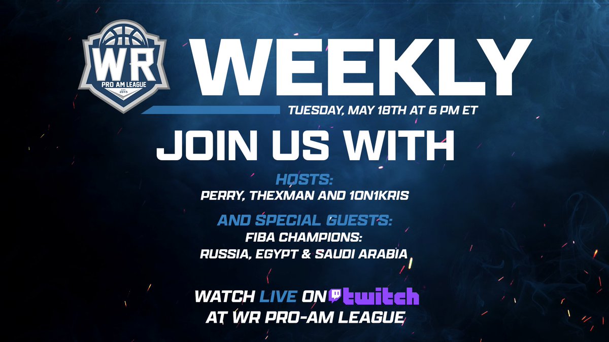 At 6:00 pm EST is part 2 of our <a href="/FIBA/">FIBA Basketball</a> special on WR Weekly. We've got reps several gold medal teams from the recent Open Tournament. 🥇

Tonight's teams:
- Egypt 🇪🇬
- Saudi Arabia 🇸🇦
- Russia 🇷🇺

Load in closer to 6 PM: twitch.tv/wrproamleague