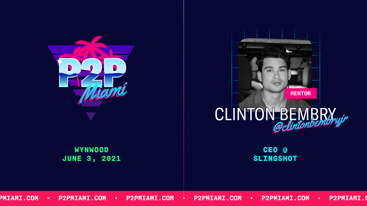 Really excited to be a mentor at the P2P Miami event hosted by <a href="/soonaorlater/">Soona</a> (Volt Capital), <a href="/arjunblj/">Arjun Balaji</a> (Paradigm), and <a href="/ImNotJK/">Jordan Kong</a> (Atomic)!!!

Highly recommend this event for aspiring crypto founders.

June 3rd in Miami.
Apply at p2pmiami.com