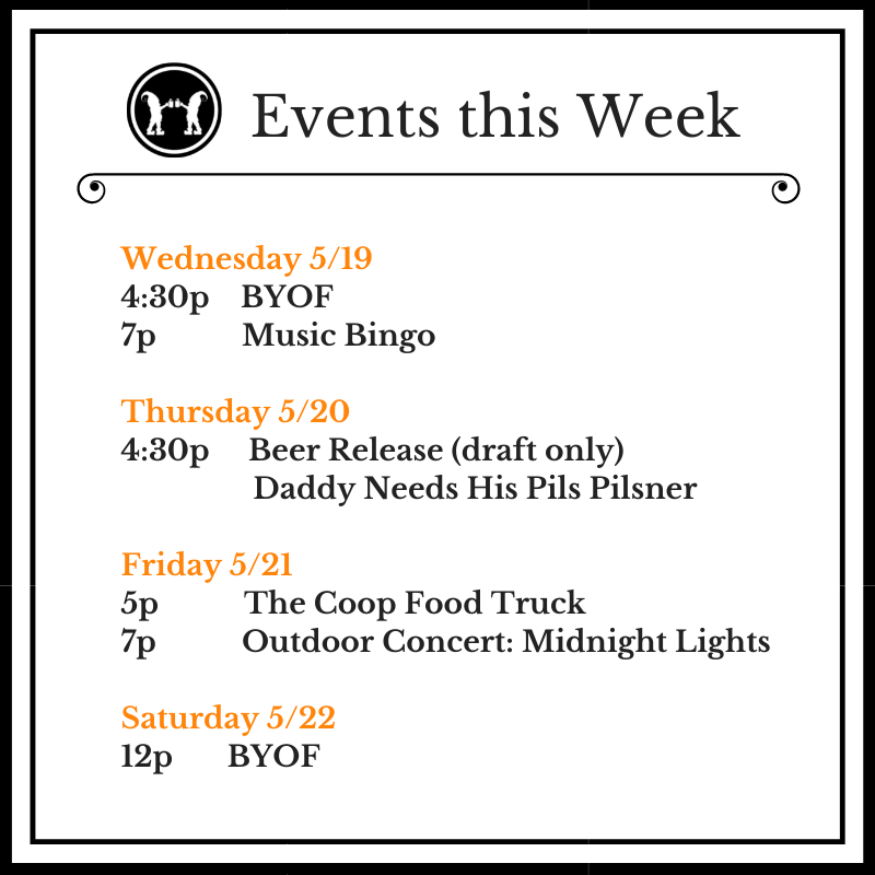 NobleSteinbeer's tweet photo. We have Music Bingo tomorrow, A beer release on Thu, The Coop again Fri, along with music from Midnight Lights! The concert on Friday is outside so bring a lawn chair.
Don't forget to sign up for Mug Club while you're at the taproom. https://t.co/86rP5zgERN