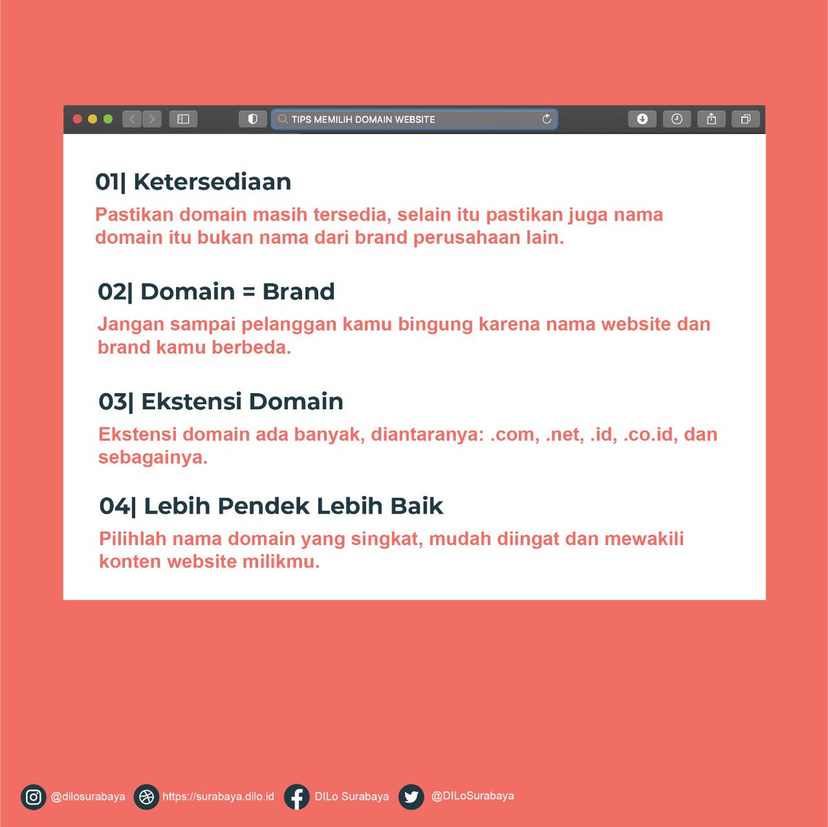 indigospacesub's tweet photo. Kamu suka bingung nggak sih, pertimbangan apa yang harus dipikirkan dulu untuk memilih domain website? Kalau masih bingung, nih mimin kasih tahu tips &amp; trik memilih domain website yg matang gimana, langsung cek aja di atas, gengs!

#DILoSurabaya #DILoSUB #DILo #DILoSubProTips https://t.co/22YNemg5cr