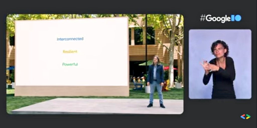 nobsato's tweet image. Day1で一番衝撃だったのは喋る紙飛行機でも #ProjectStarline でも  #MaterialYou でもなく違和感なく存在し続けるモノリスみたいな仮想スクリーン（板の方）と見やすく配慮してる手話の方の存在感だったw 。こういうの初めてでは？
#io21jp #GoogleIO