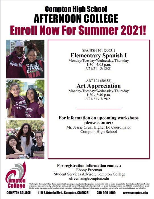 ⚠️Deadline is approaching Tarbabes !

☀️Check out Summer Classes Available.
💻Instruction will be Online
📥Earn HS and College units 
🎓Boost your GPA and Class Ranking in 6/8 weeks.

#collegeboundtarbabes #comptoncollege