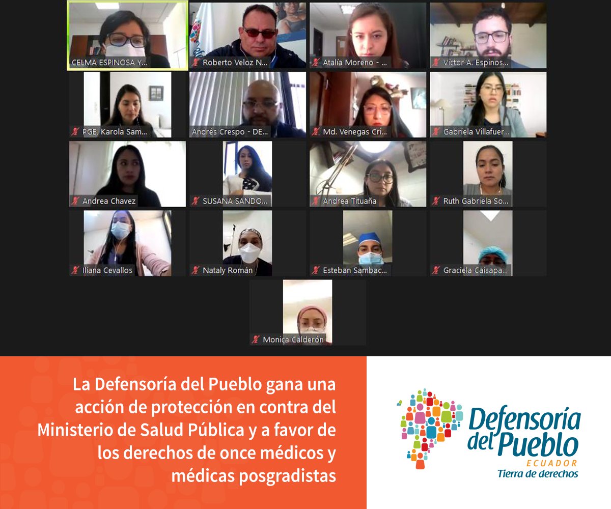 DEFENSORIAEC's tweet photo. Boletín | La #DefensoríaDelPueblo gana una acción de protección en contra del Ministerio de @Salud_Ec y a favor de los #Derechos de once médicos y médicas posgradistas. Más información: https://t.co/nytr5SD2cg https://t.co/KULIZcIvm5