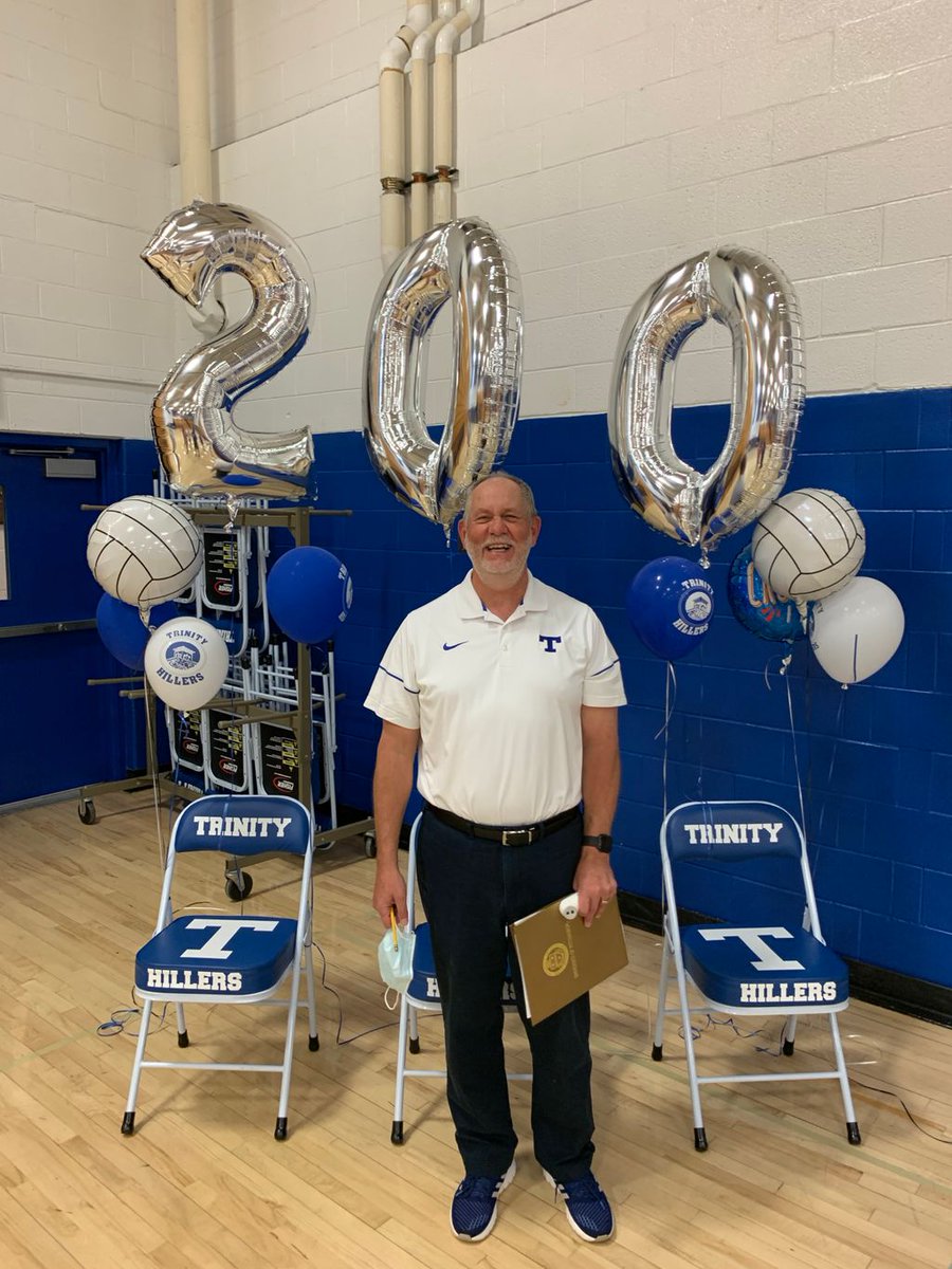 Congrats to Coach Larry Myers on his 200th win at the end of the regular season! Coach Myers has been a longtime Trinity staple in both Girls and Boys Volleyball, as well as the Social Studies department until last year! #itsagreatdaytobeahiller