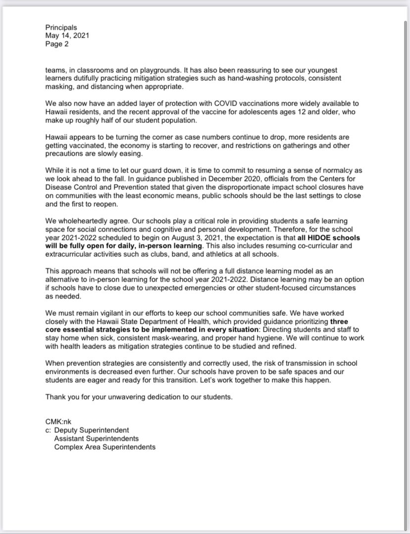 Parent Letter and HIDOE Memo from Superintendent Kishimoto regarding school year 2021-2022. #movingforwardtogether #waiākeahigh