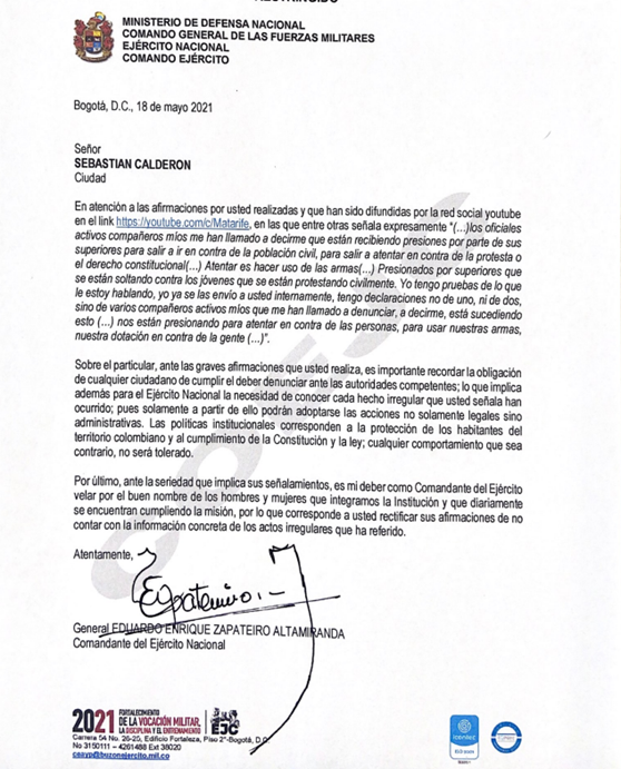 COMANDANTE_EJC's tweet photo. Ante las acusaciones realizadas en contra de personal del Ejército Nacional, a continuación comparto comunicación en la que se recuerda el deber de denunciar. La institución estará a disposición de brindar toda la colaboración a las autoridades competentes. #ColombiaEsMiVerdad https://t.co/wUXZVZQM5b