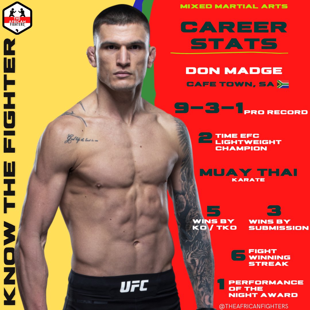 Don Madge is a South African🇿🇦 professional mixed martial arts (MMA) competitor signed to the UFC in the lightweight division.

#ufc #donmadge #southafrican #capetown #madfitmma #lightweightdivision #mma #karate #boxing #muaythai #nakmuay #knowthefighter #theafricanfighters