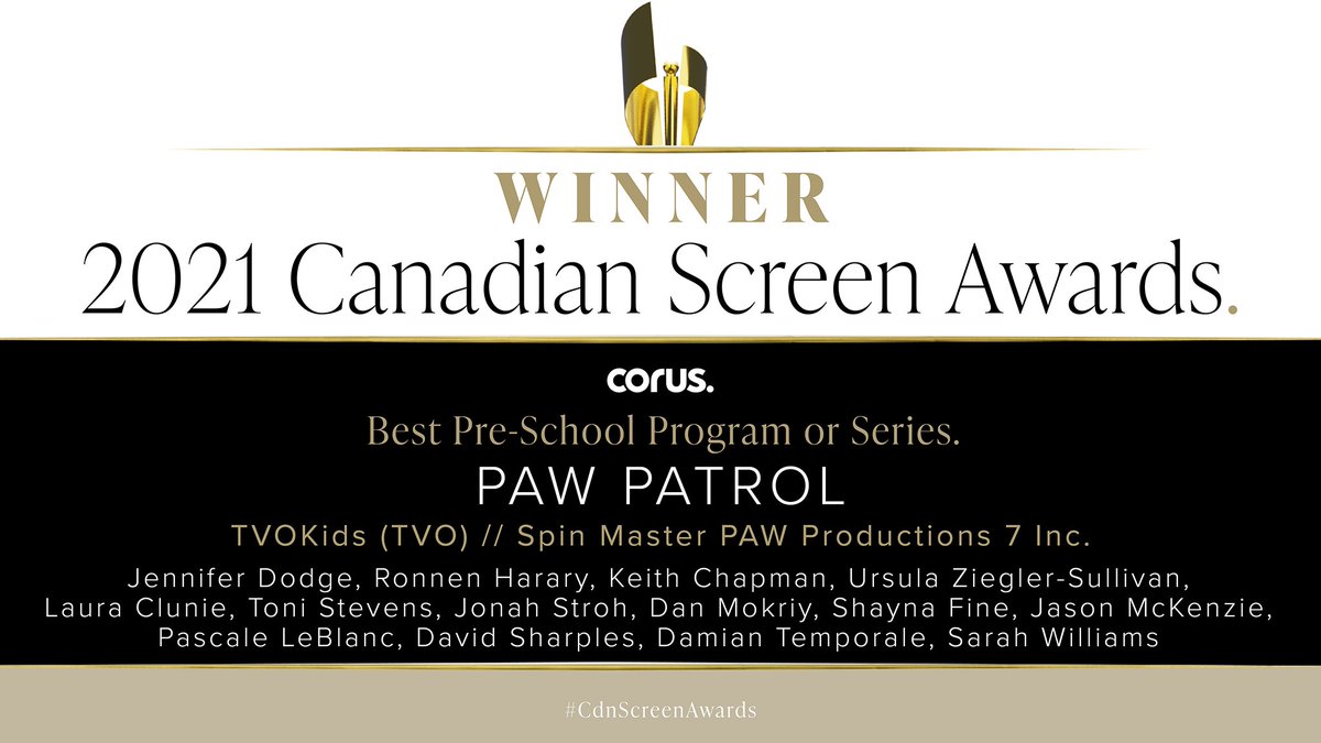 TheCdnAcademy's tweet photo. The winner for Best Pre-School Program or Series, sponsored by @CorusPR is @pawpatrol! Congratulations! @SpinMaster @TVO #CdnScreenAwards https://t.co/utKdHovgep