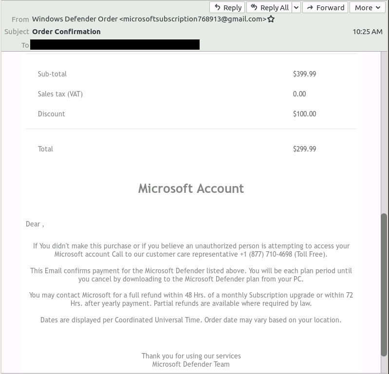 SpamAuditor's tweet photo. Possible new #BazarCall template. Another #fake invoice just this time for @MSThreatProtect subscription instead of printer supplies. Clearly throwaway #freemail MAILFROM too . Anyone else seeing templates like this? @executemalware @malware_traffic @James_inthe_box @ffforward https://t.co/nd82tpVVa2