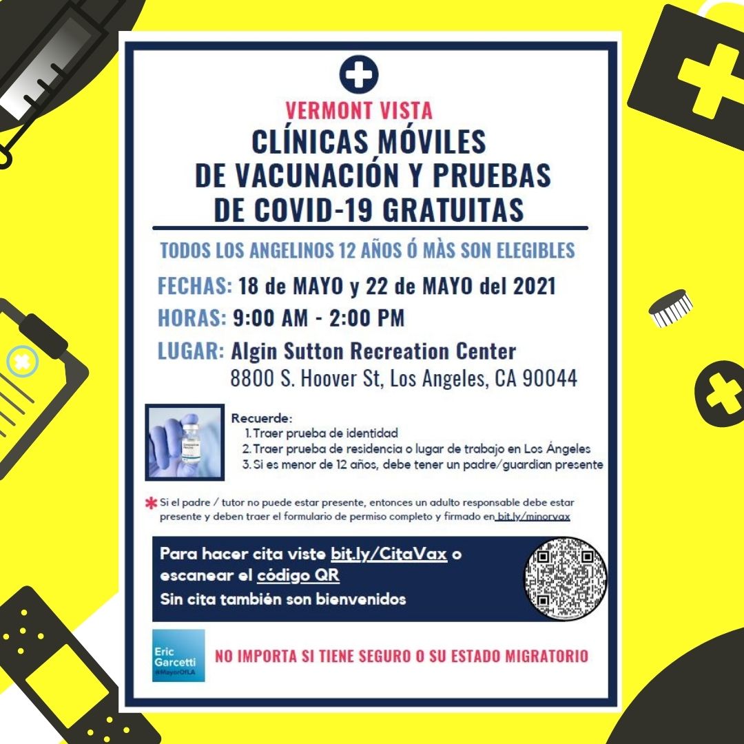 #GRATIS #vᴀᴄᴜɴᴀcᴏᴠɪᴅ19 para TODOS Angelinos 12 años de edad o mayor en Algin Sutton Recreation Center. Visite bit.ly/VaxLA para programar una cita u obtener más información.

#CiudadDeLosAngeles #SurLosAngeles #Recursos #RecursosLosAngeles #InCD8 #VermontVista