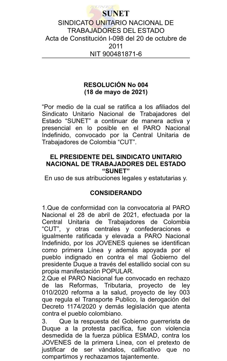 sunetcolofc's tweet photo. @sunetcolofc ratifica a los afiliados de @sunetcolofc a continuar de manera activa y presencial, en lo posible, en el PARO Nacional Indefinido, convocado por la Central Unitaria de Trabajadores de Colombia @cutcolombia @GermanSUNET @ISPinteramerica @EducacionSunet @Iriroro https://t.co/wrfPNCUlN7