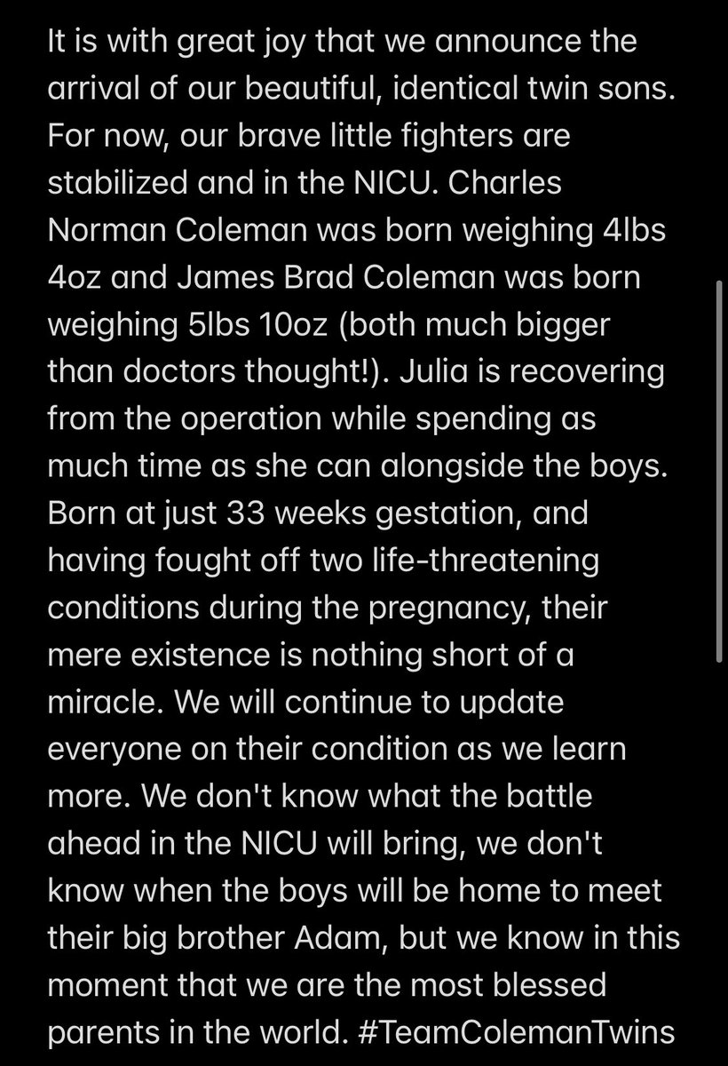 JuliaEColeman's tweet photo. Announcing the arrival of our boys. They are holding on in the NICU. I promised them cars if they could wait until session was over, so I guess I have 16 years to save up. 🚙🚙 https://t.co/kgl11kAJj5