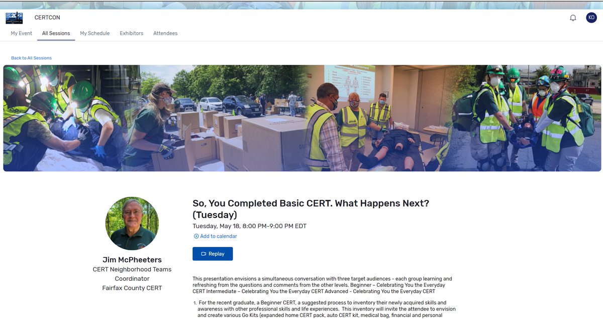 FairfaxCoCERT's tweet photo. First night of #CERTCON was fun!
Do you miss a session or want to see it again? Go to your Attendee Hub, click on the session, and then click Replay! https://t.co/ja2xQSGyj3